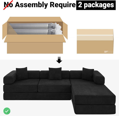 108" Oversized Convertible Sleeper Sofa Bed, Corduroy L Shape Sectional Couch, Folding Sofa Bed with Side Pocket, Modern Cloud Floor Mattress Couch, Modular Sofa for Living Room, Black