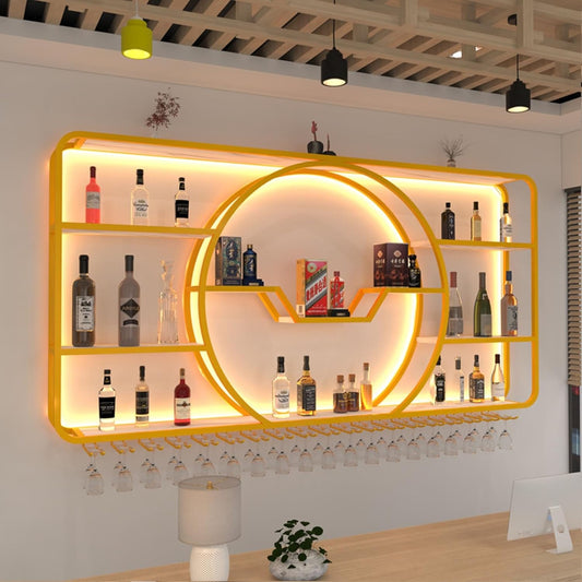 3-Tiers Metal Wine Rack Wall Mounted Modern With LED Light With Wine Glass Holder Large Liquor Bar Display Shelf,Bar Bottle Display Shelf Wine Cups Hanging Holder For Kitchen Living Room Home Decor(Go