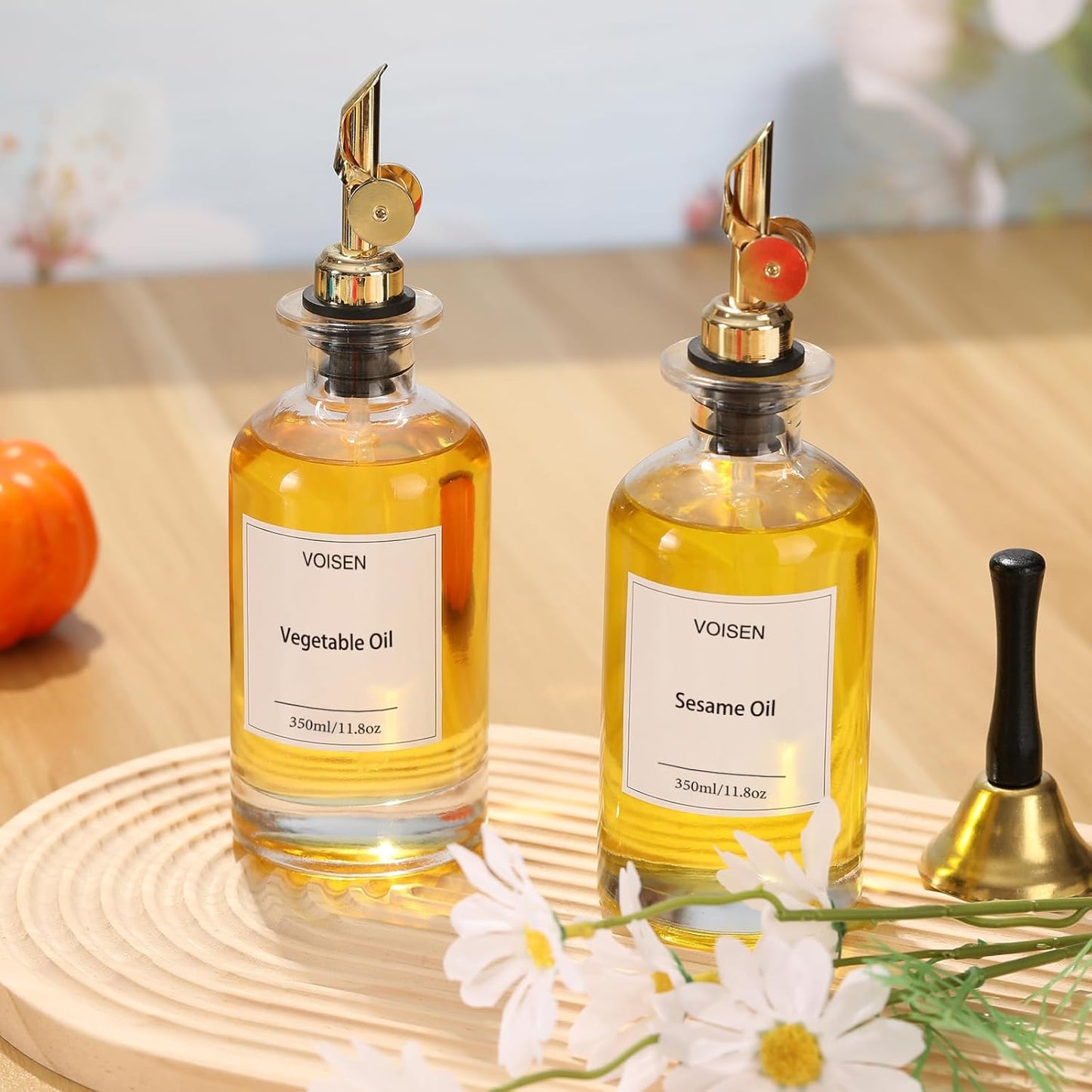 VOISEN Olive Oil Dispenser Bottle for Kitchen, Glass Oil Bottle Set of 6, Coffee Syrup Dispenser,Glass Oil Container with Metal Pourer,Funnel,56 Waterproof Labels