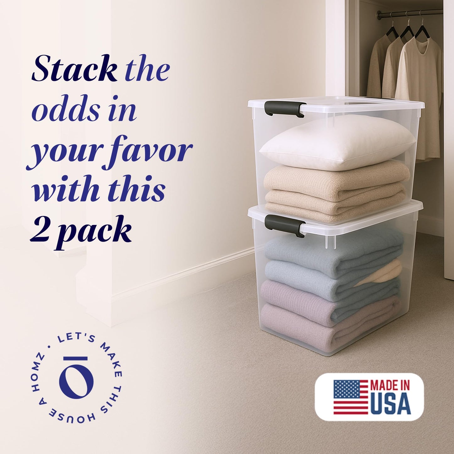 HOMZ Clear Plastic Storage Bins w/Latching Lid, 112 Qt, Gray Latch, 2 Pack