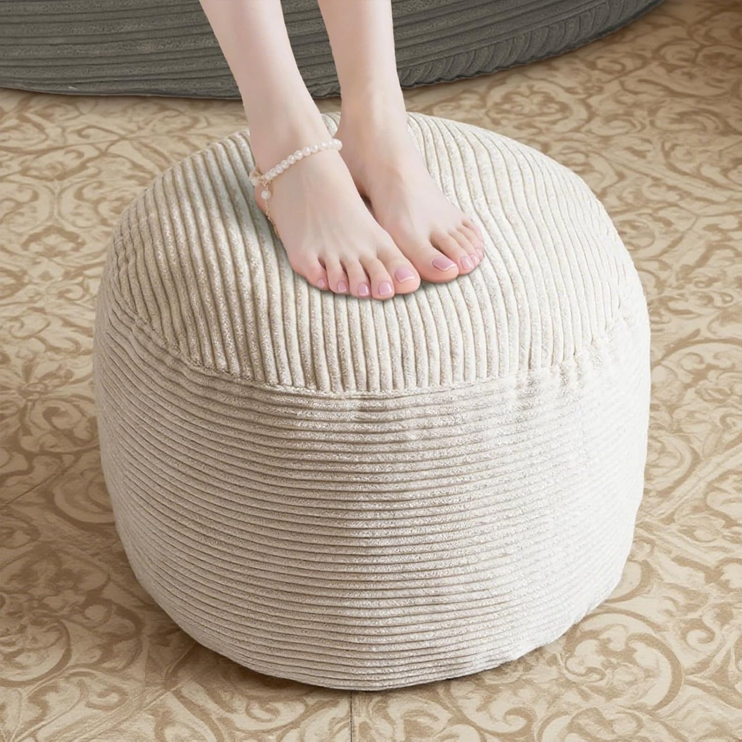 Round Stuffed Pouf Ottoman, Foot Stools Ottoman,Corduroy Poufs with Foam Chunk Filling, Furry and Fluffy Storage Ottomans, 20 X 15 Floor Poufs Foot Rest for Living Room