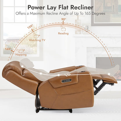 Watson & Whitely Genuine Leather Power Recliner Chairs for Adults, Lay Flat Recliner with Power Headrest, USB Ports and Cup Holders, Electric Reclining Sofa for Living Room, Bedroom, Saddle Brown
