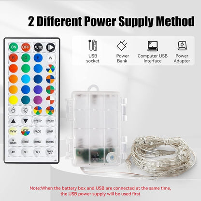Dazzle Bright Color Changing Fairy Lights Battery Operated, 2 Pack Total 40FT 120LED Silver Copper Wire RGB String Lights with Remote, Waterproof Christmas Decorations for Indoor Outdoor Party Decor