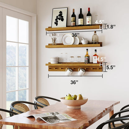 MBYD Floating Shelves 36 Inch, Nursery Book Shelves for Kids Room, Hanging Bookshelf with Hooks Set of 3, Light Walnut Wood Picture Ldge Shelving, Kitchen Wall Shelf Spice Rack for Bedroom Bathroom