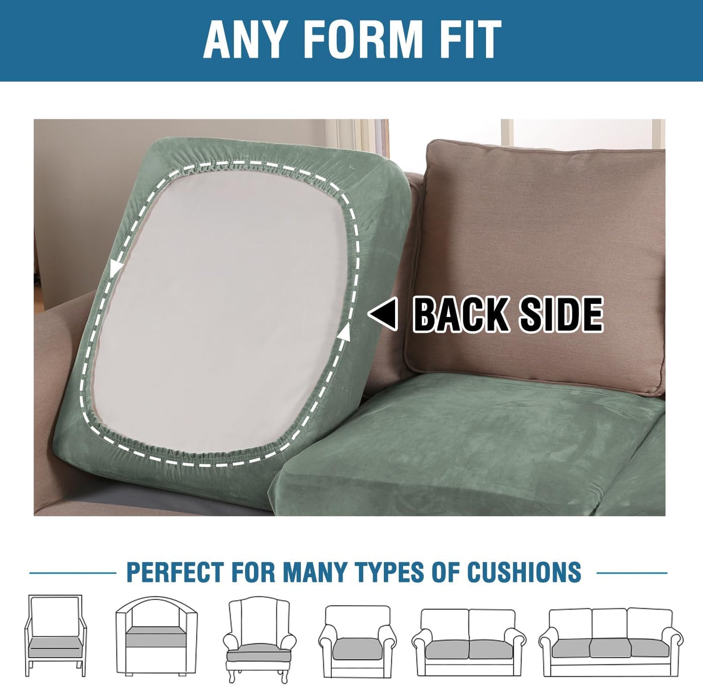 H.VERSAILTEX Velvet Stretch Couch Cushion Cover Plush Cushion Slipcover for Loveseat Cushion Furniture Protector Seat Cushion Sofa Cover (2 Piece Medium Sofa Cushion Covers, Sea Grass)