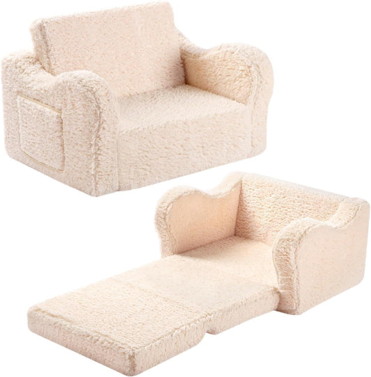 Kids Chairs for Toddler, 2-in-1 Toddler Soft Sherpa Couch Fold Out, Convertible Sofa to Lounger for