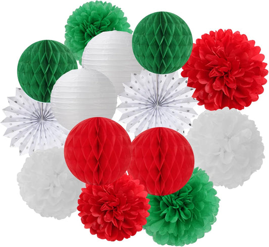 Red-Green White Party Decorations - 14pcs Winter Birthday New Year Paper Lanterns Fan,Italian Tissue Pom Poms Streamers,Honeycomb Balls, Wedding Baby Shower Decor Lasting Surprise