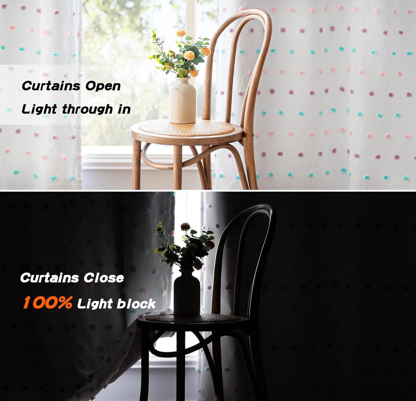 MYSKY HOME Total Blackout Curtains for Kids Bedroom Nursery Curtains 100% Light Block Doubled Curtains with Rainbow Pom Pom Sheer Window Drapes for Kitchen Room Darkening Grommet Set of 2, 52 x 54 in