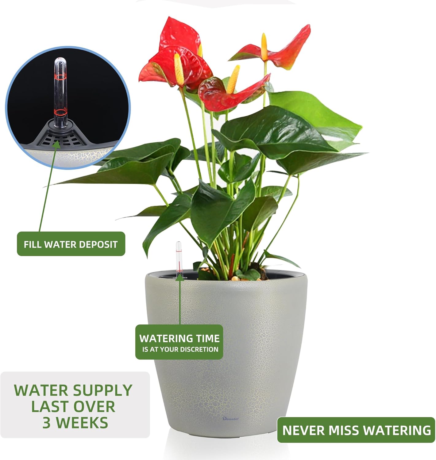 Dexceder 13x12 Self Watering Planter with Wheels Indoor Outdoor, Inner Pot Design, Thickened Large Floor Standing Flower Plant Pot with Water Level Indicator (Grey Gold Crackle)