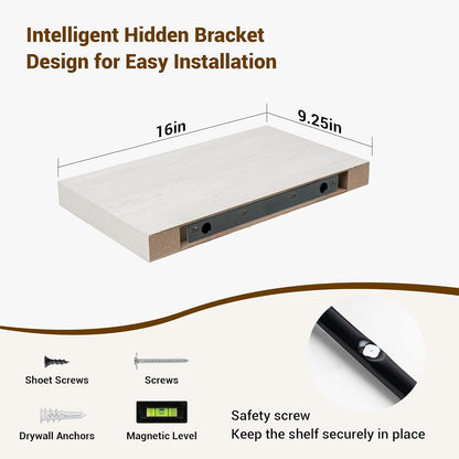 16 Inch Floating Shelves, 16"x9.25"x1.5" Inch Deep Floating Shelves for Wall, Wooden Shelves for Bathroom, Bedroom, Living Room, Cream White Oak