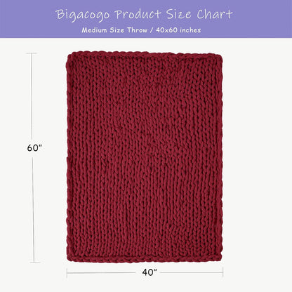 Bigacogo Chunky Knit Throw Blanket for Couch, 40x60 inches, 100% Hand Knitted with Thick Jumbo Chenille Yarn, Cozy Soft Large Rope Knot Cable Crochet Blankets for Sofa Bed Living Room, Red