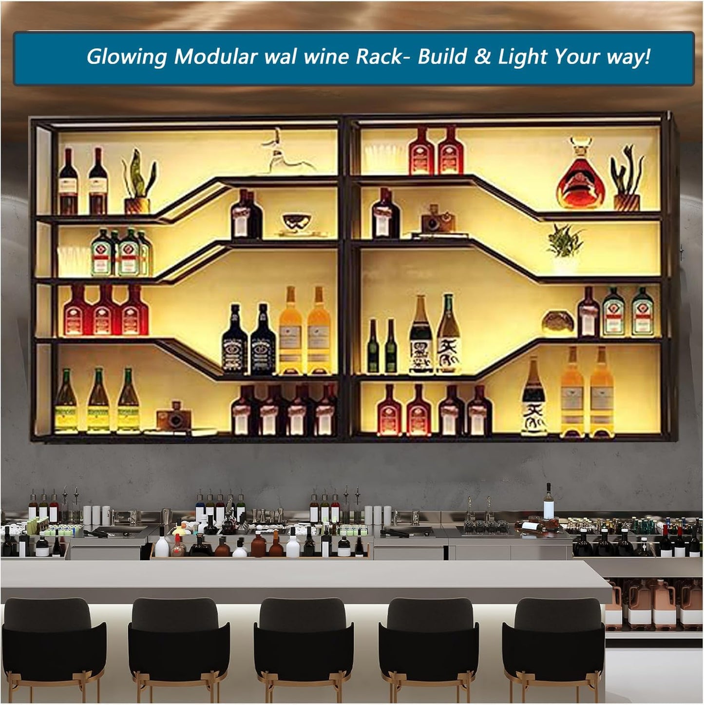 94.4in Wall Mounted Wine Rack with LED Light, 5-Tiers Liquor Bottles Display Shelf with Glasses Holder, Metal Home Bar Shelves with Industrial Iron Frame for Kitchen (Black, 94.4in/7.87ft)