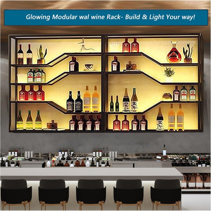 105in Large Wall Mounted Wine Rack with LED Light, 5-Tiers Liquor Bottles Display Shelf with Glasses Holder, Metal Home Bar Shelves with Iron Frame for Kitchen Dining Room (Black, 105in/8.72ft)
