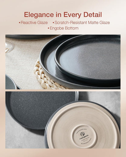 Famiware Milkyway Plates and Bowls Sets, 24 Pieces Dinnerware Sets, Reactive Glaze Dish Set, Stoneware Dishes Set for 8, Matte Dark Charcoal
