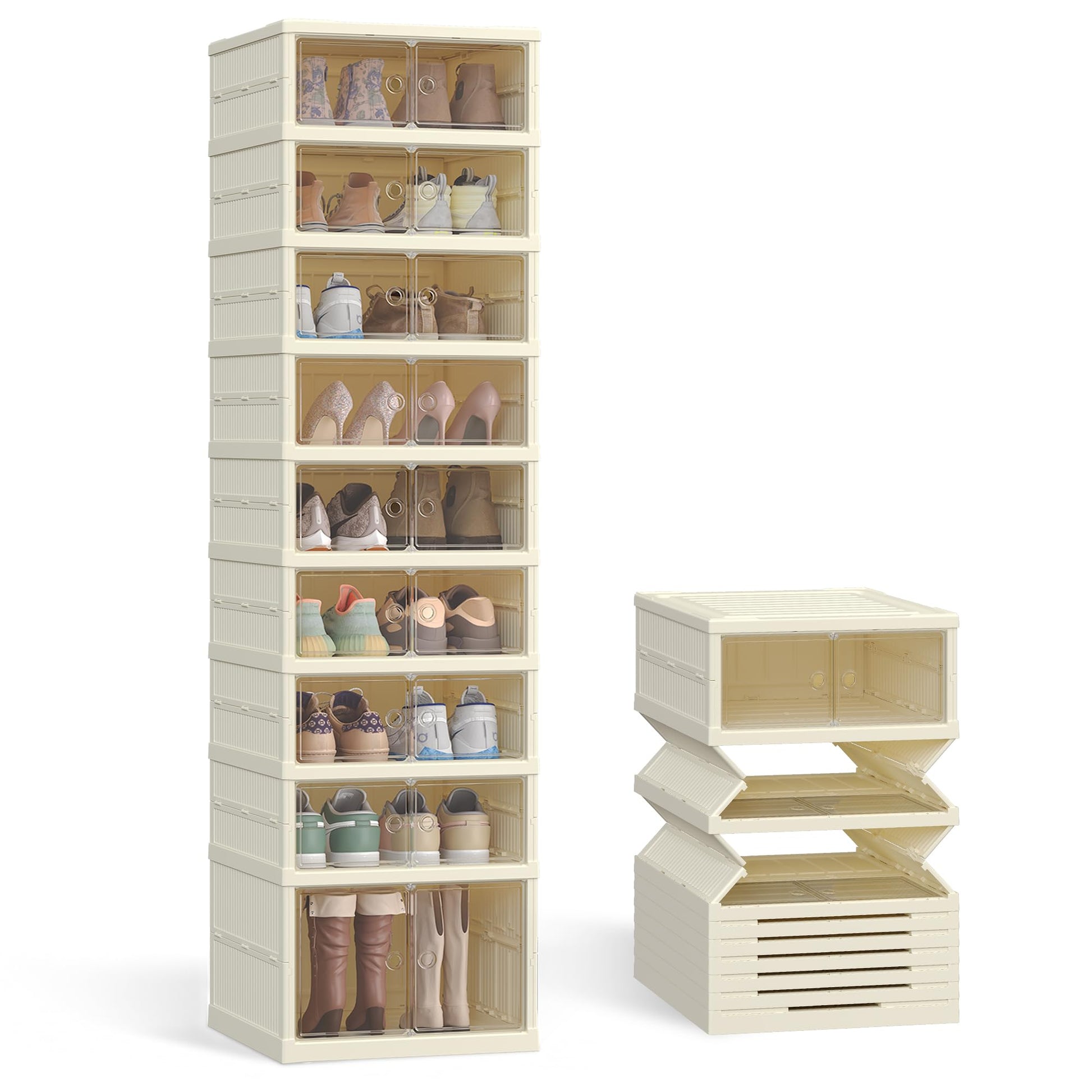 SONGMICS Foldable Shoe Boxes, Stackable Shoe Storage Organizer