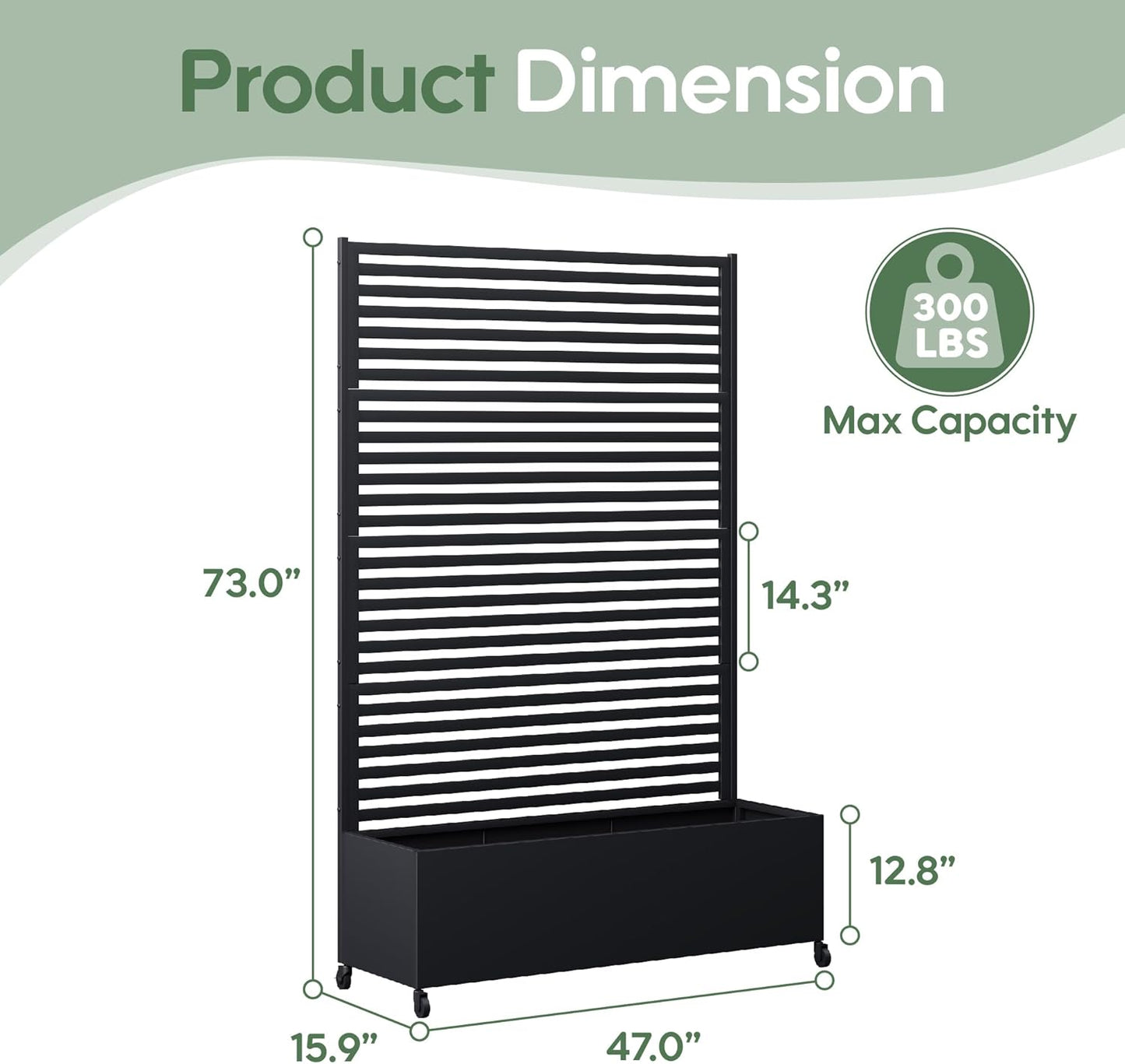 Metal Planter Box with Trellis Privacy Screen, Raised Garden Bed with Trellis & Wheels, Privacy Planters for Patio, Planter Box with Drainage Holes for Climbing Plants, Flower, 73"x 47"x 16", Black