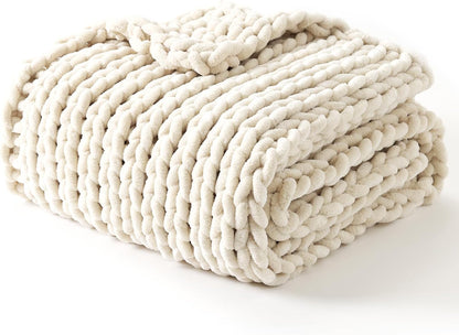 YnM Chunky Throw Blanket, Medium-Weight, Hand Knitted with Chenille Yarn, Skin Friendly, Ventilated and Breathable, Machine Washable, Home Décor Piece for Couch Sofa and Bed (Butter Cream, 80x87 Inch)