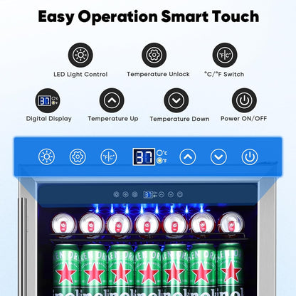24" Beverage Refrigerator & Cooler, 180 Cans Under Counter Fridge with Lock, Glass Door & Powerful Cooling Compressor - Quiet, Built-in/Freestanding Drink Fridge