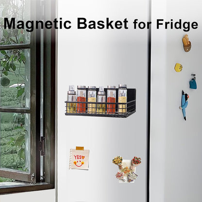 Magnetic Basket, Magnetic Shelf for Fridge, Magnetic Spice Rack for Refrigerator Magnetic Locker Organizer Holder for Office Kitchen Classroom Storage, Black-Low, 9.44" x 4" x 1.77"