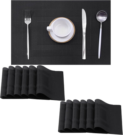 Leetaltree Black Frame Placemats Set of 12 - Heat Resistant Non-Slip Place mats for Dining Table, Washable Durable PVC Vinyl Woven Table Mats（Black Frame, 12）