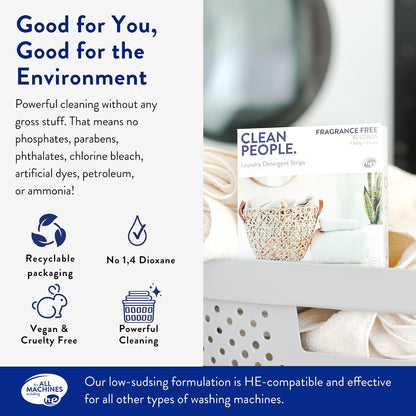 The Clean People Fragrance Free Laundry Detergent Sheets - Laundry Soap - Ultra Concentrated, Recyclable Packaging, Stain Fighting - Fragrance Free, 96 Pack