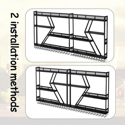 Wall Mounted Wine Rack with Glass Holder, 3-Tier Metal Storage Shelf, Black Diamond Design, Wine Bottle Display with Stemware Storage (Black, 63in/160cm)