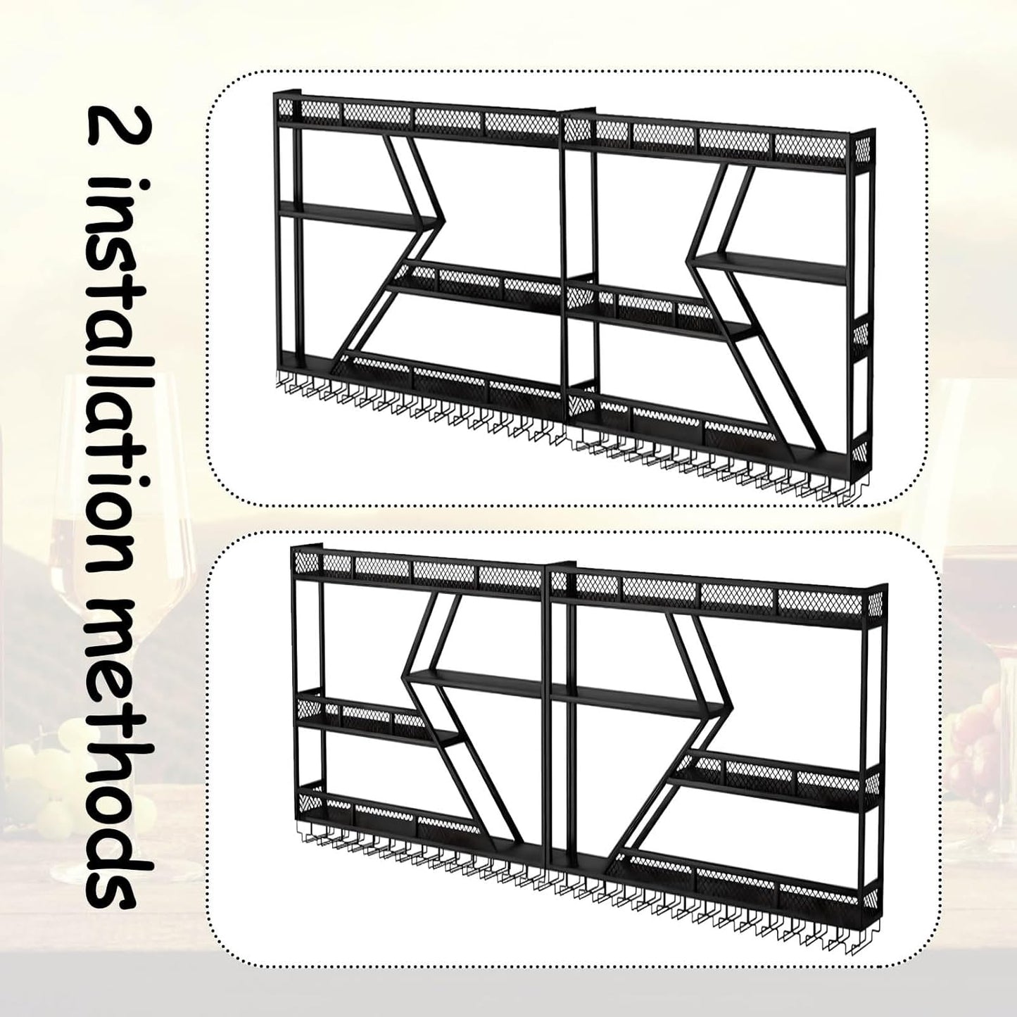 Wall Mounted Wine Rack with Glass Holder, 3-Tier Metal Storage Shelf, Black Diamond Design, Wine Bottle Display with Stemware Storage (Black, 31.49in/Right)