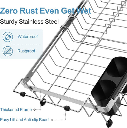 GSlife Expandable in Sink Dish Drying Rack - Capacity Adjustable Stainless Steel Over The Sink Dish Drainer with 2 Cup Holder and Utensil Holder for Kitchen Sink, 10.8"~17.9" L x 14.2" W, Silver