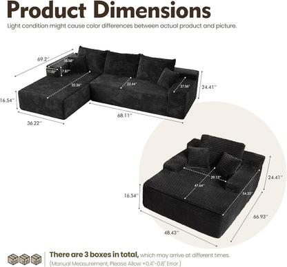 HOOOWOOO Cloud Sectional Couches for Living Room,Modular Sectional Sofa No Assembly,Plush Corduroy Large Floor Couch Furniture Set with Deep Seat Left L Shape and Chaise Lounge(Black)
