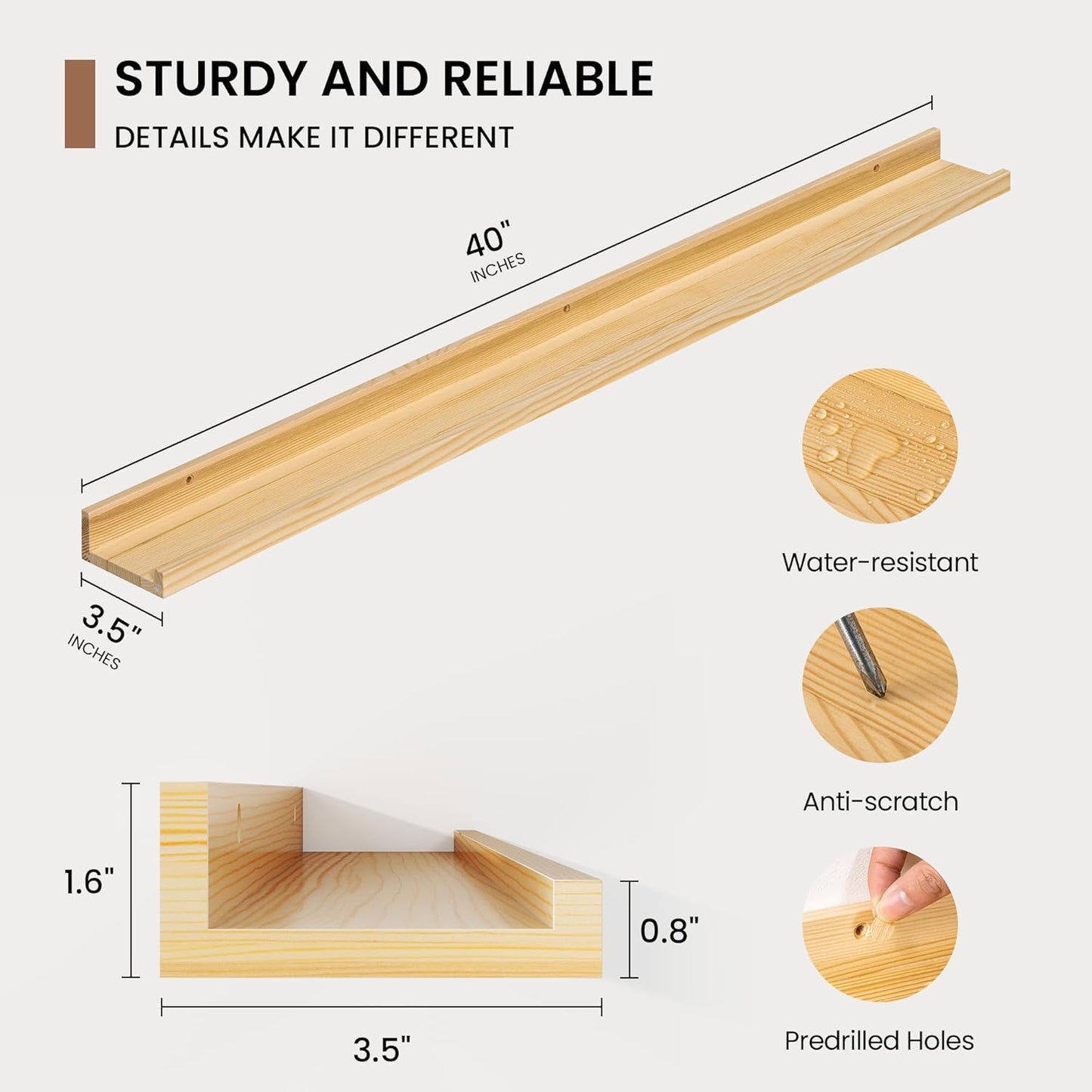 Picture Ledge Shelf, Solid Pine Wood Floating Shelves Set of 2, 40 Inches Nursery Book Shelves for Toys Storage, Kids Bookshelf Wall Mounted for Living Room Bedroom Decor Books Photo Frames, Natural