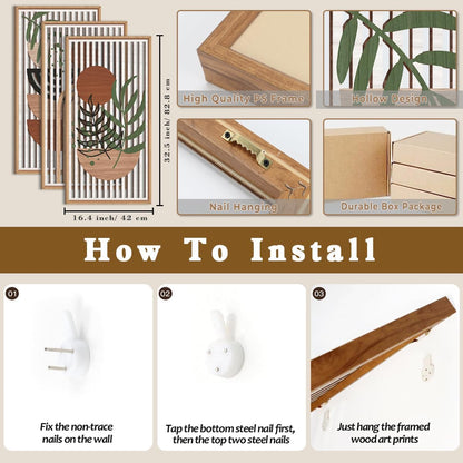 IARTTOP Large Boho Wood Wall Art Framed 16x32 Inch Mid century Modern Wooden Wall Decor Abstract Bohemian Minimalist Art Decor for Bedroom Living Room Office Set of 3