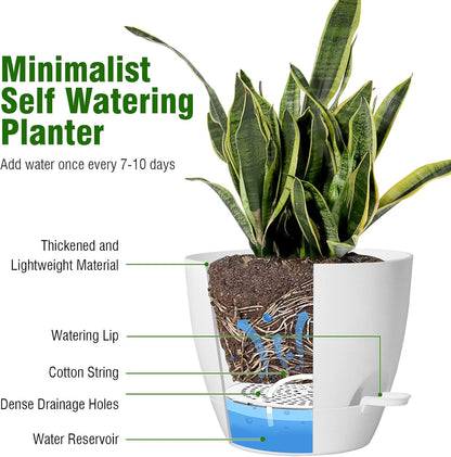 12/10/9 inch Large Self Watering Pots, Plant Pots with Mesh Drainage Holes for Indoor Outdoor Garden Plants, Flower Pots with Removable Deep Reservoir, Set of 3 Plastic Planters, White