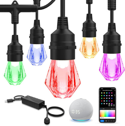 XMCOSY+ Smart Outdoor String Lights - 64ft RGBCWIC Patio Lights with 24 Color Changing Bulbs, LED String Light for Outside Backyard Bistro Party, APP WiFi Control, Work with Alexa, IP65 Waterproof