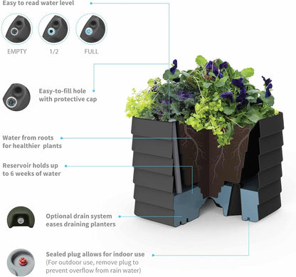 Crescent Garden Slat Medium Rectangular Planter Box for All-Weather - Self-Watering Outdoor Deck Box Planter for Flowers and Herbs (Caviar Black, 36'' x 17'' x 17''H)