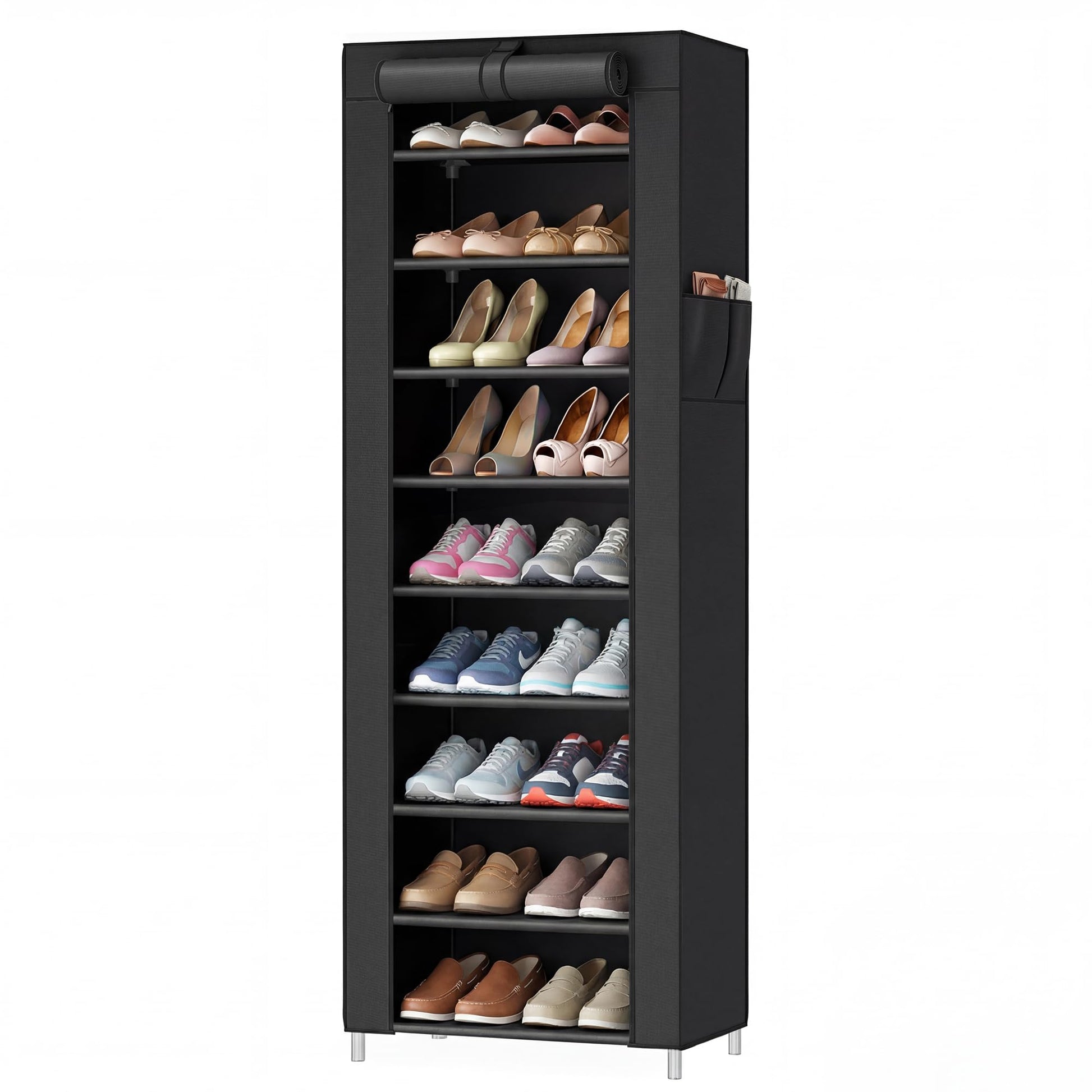 SONGMICS Home Shoe Rack 10-Tier, Tall Narrow Metal Shoe Organizer with Dust Cover, 11.2 x 19.1 x