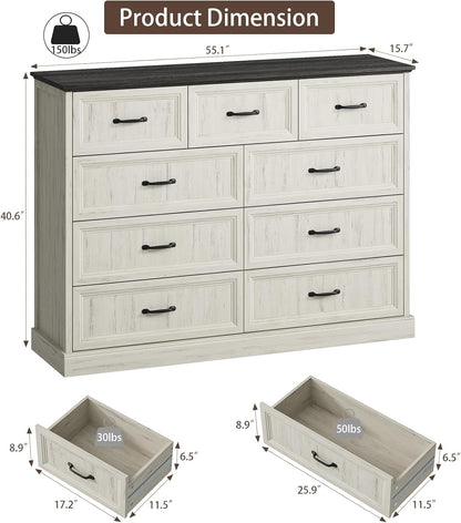 Farmhouse 9 Drawer Dresser for Bedroom, 55 Inch Wide Modern White Dresser TV Stand with Large Drawers & Bar Handles, Rustic Wood Chest of Drawers for Bedroom, Living Room, Hallway, Entryway.