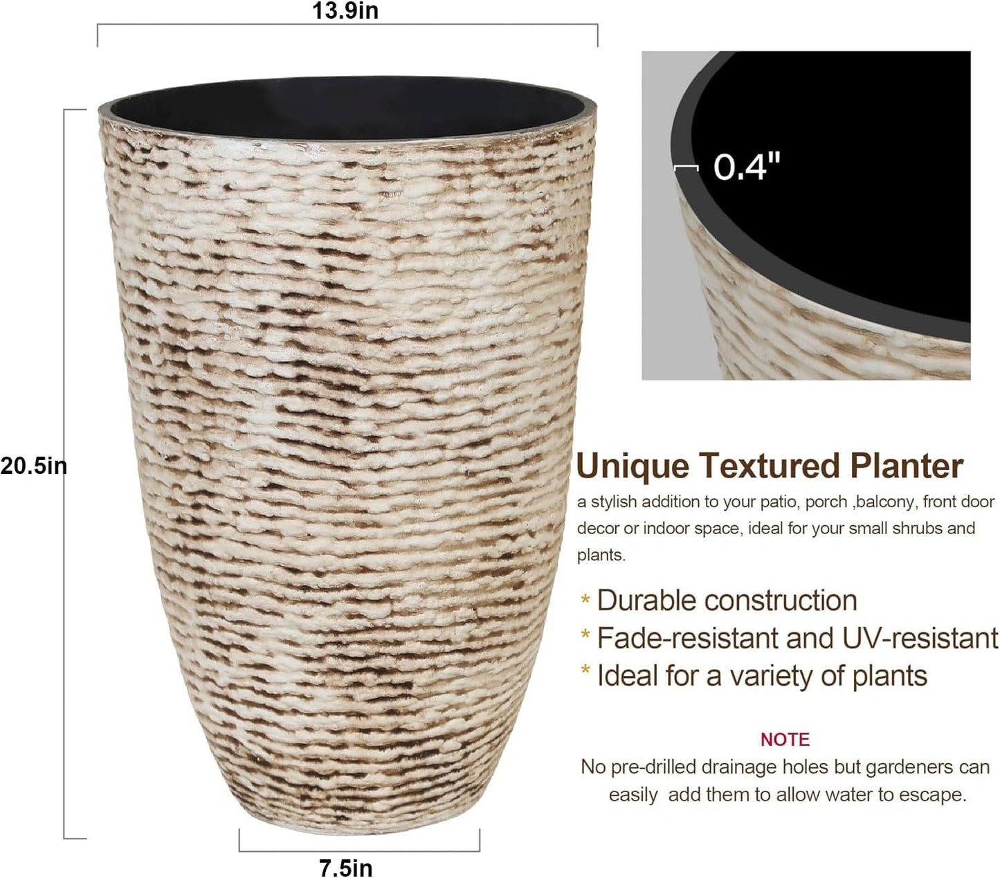 KOL 2-Pack 21in. Tall Plastic Planter - Large Round Tapered Plant Pots with Textured Finish - Beige Imitation Stone Looking Flower Pots for Indoor & Outdoor Plants - Lightweight and Durable