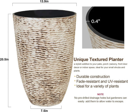 KOL 2-Pack 21in. Tall Plastic Planter - Large Round Tapered Plant Pots with Textured Finish - Beige Imitation Stone Looking Flower Pots for Indoor & Outdoor Plants - Lightweight and Durable