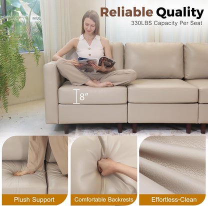 ABCASA Oversized 145.5" Faux Leather Modular Sectional Sofa, Modern Large 10 Seater U Shaped Couch with Storage Seat with Reversible Chaise Deep Seat for Living Room DIY Combination - Whitesand