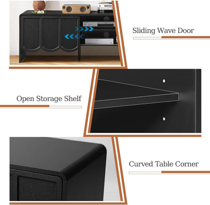 ORRD 63'' TV Stand, Modern TV Console Table Wave Panel Television Stands Entertainment Media Center with Storage Compartment and Sliding Door for Living Room (Black)