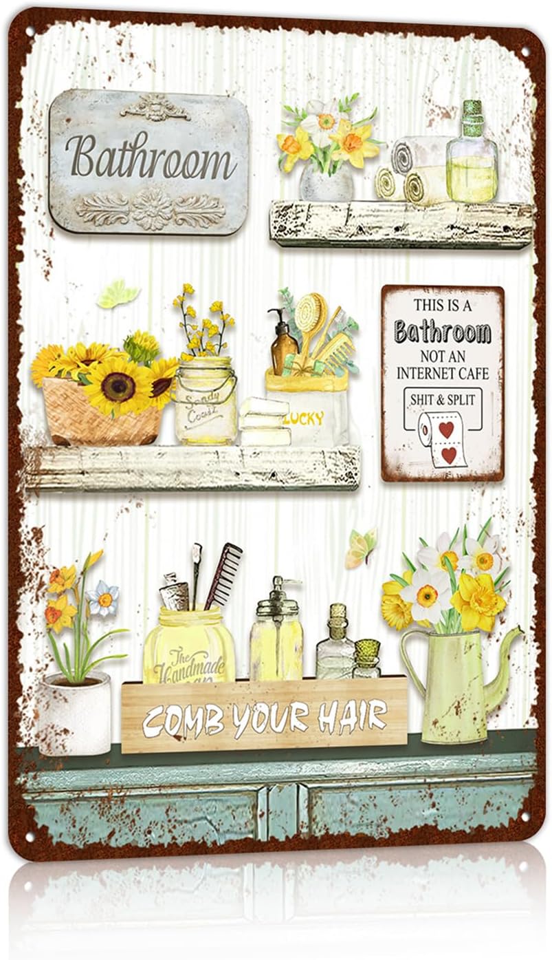 Vintage Farmhouse Bathroom Metal Tin Signs Rustic Flower Country Wall Art Decor 8X12 Inches