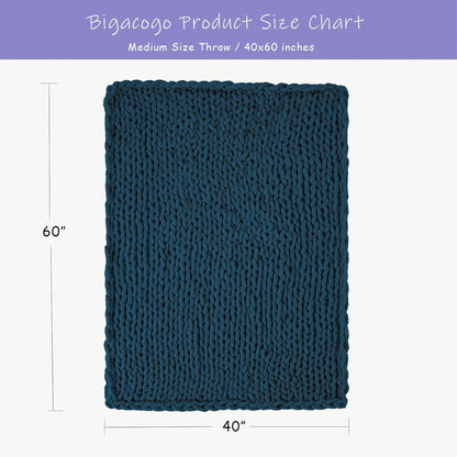 Bigacogo Chunky Knit Throw Blanket for Couch, 40x60 inches, 100% Hand Knitted with Thick Jumbo Chenille Yarn, Cozy Soft Large Rope Knot Cable Crochet Blankets for Sofa Bed Living Room, Deep Sea Blue