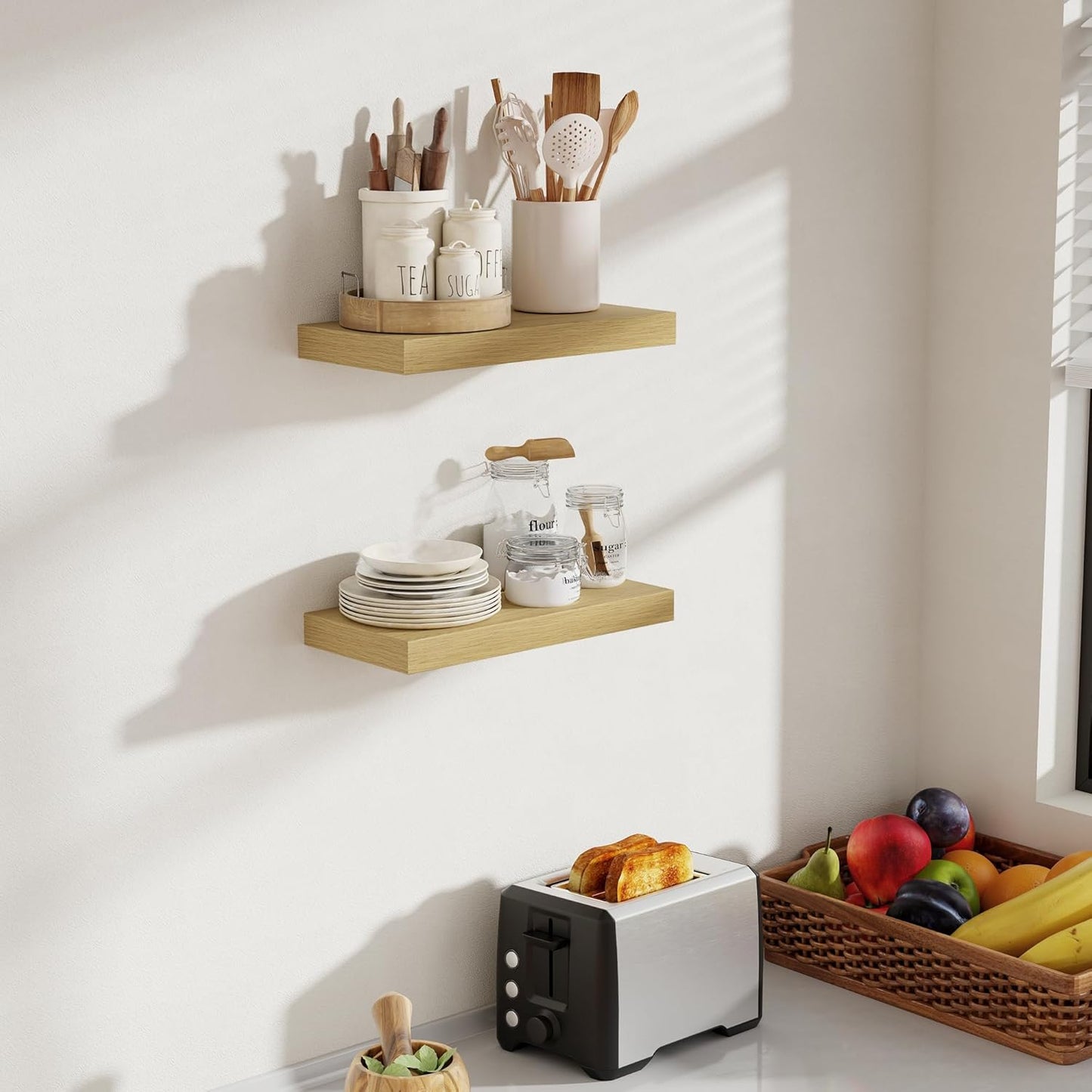 16 Inch Floating Shelves, 8 Inch Deep Floating Shelves for Wall, Hanging Shelf with Invisible Brackets, Deep Shelves for Bathroom, Bedroom, Living Room, Oak, Set of 2