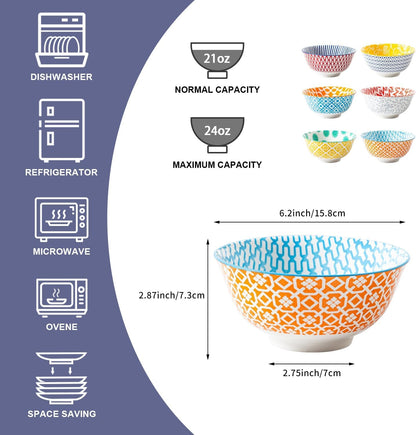 Ceramic Soup Bowls Set - 24 Oz Deep Cereal Bowl - 6 Inch Large Kitchen Dinner Bowl Eating Pasta Salad Dessert Noodle Rice Oatmeal - Microwave Dishwasher Safe - Set of 6 - Assorted Colors