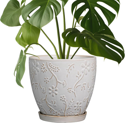 8 Inch Ceramic Pots for Plants Large Planter Pot with Drainage Hole and Saucer Round Flower Pot for Indoor Outdoor Decor, White