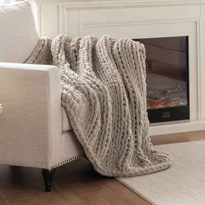 Chunky Knit Blanket Throw, 100% Hand Knit Throw Blanket Handmade Chenille Cable Knit Throw for Couch, Stylish Cozy Soft Rope Knot Crochet Blanket for Home Decor, Beige Linen, 60x80 Inches