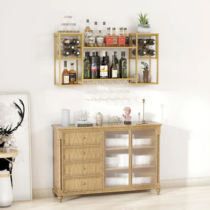 Wall Mounted Wine Rack with Glass Holder,Metal Floating Bar Liquor Shelves 2 Tier,Wine Glass Rack Multi Functional Wine Storage Display Rack for Home Bar Dining Room Kitchen,Gold