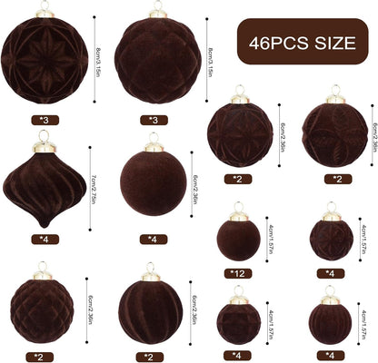 46PCS Velvet Christmas Ball Ornaments Set, Flocked Shatterproof Xmas Tree Decor, Assorted Hanging Ornaments with Loop for Holiday Home Decor, Christmas Tree, Mantel, Party Decoration (Brown)