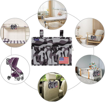 Surblue Bedside Caddy Hanging Bed Organizer Storage Bag Pocket for Bunk and Hospital Beds, College Dorm Rooms Baby Bed Rails, Wheelchair Side Bag, Camp Chiars, 4 Pockets and 2 Hooks (Small City)