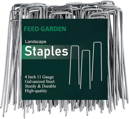 FEED GARDEN 4 Inch 100 Pack Hot-dip Galvanized Landscape Staples 11 Gauge Anti-Rust Garden Stakes Landscaping Fabric SOD Pins Yard Stakes for Weed Barrier Fabric
